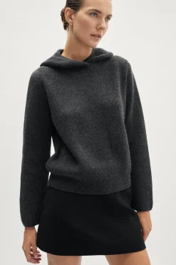 Maglia con Cappuccio a Coste in Lana Cardata