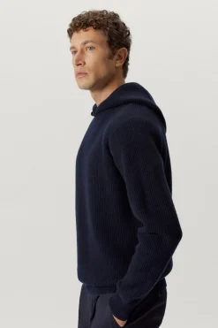 Maglia con Cappuccio a Coste in Lana Cardata