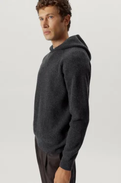 Maglia con Cappuccio a Coste in Lana Cardata
