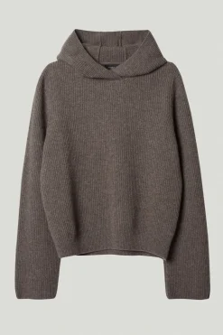 Maglia con Cappuccio a Coste in Lana Cardata