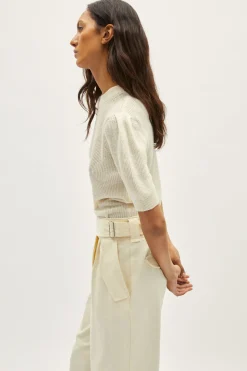 T-Shirt a Coste in Lino Cotone con Pinces