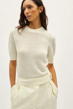 T-Shirt a Coste in Lino Cotone con Pinces