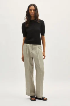 T-Shirt a Coste in Lino Cotone con Pinces