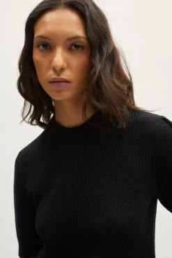T-Shirt a Coste in Lino Cotone con Pinces